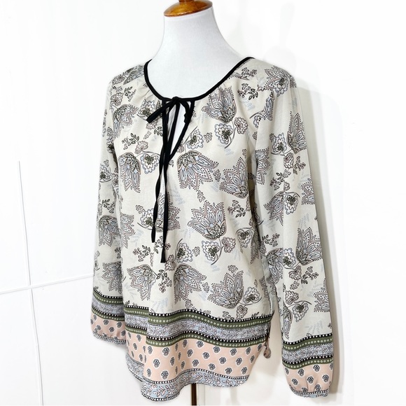 Sanctuary Floral Motif Print Pastel Cream Black Mixed Media Tie Neck Tunic Top S - Picture 2 of 9